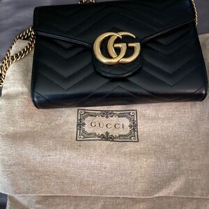 Gucci Black Chevron Crossbody with Gold Hardware